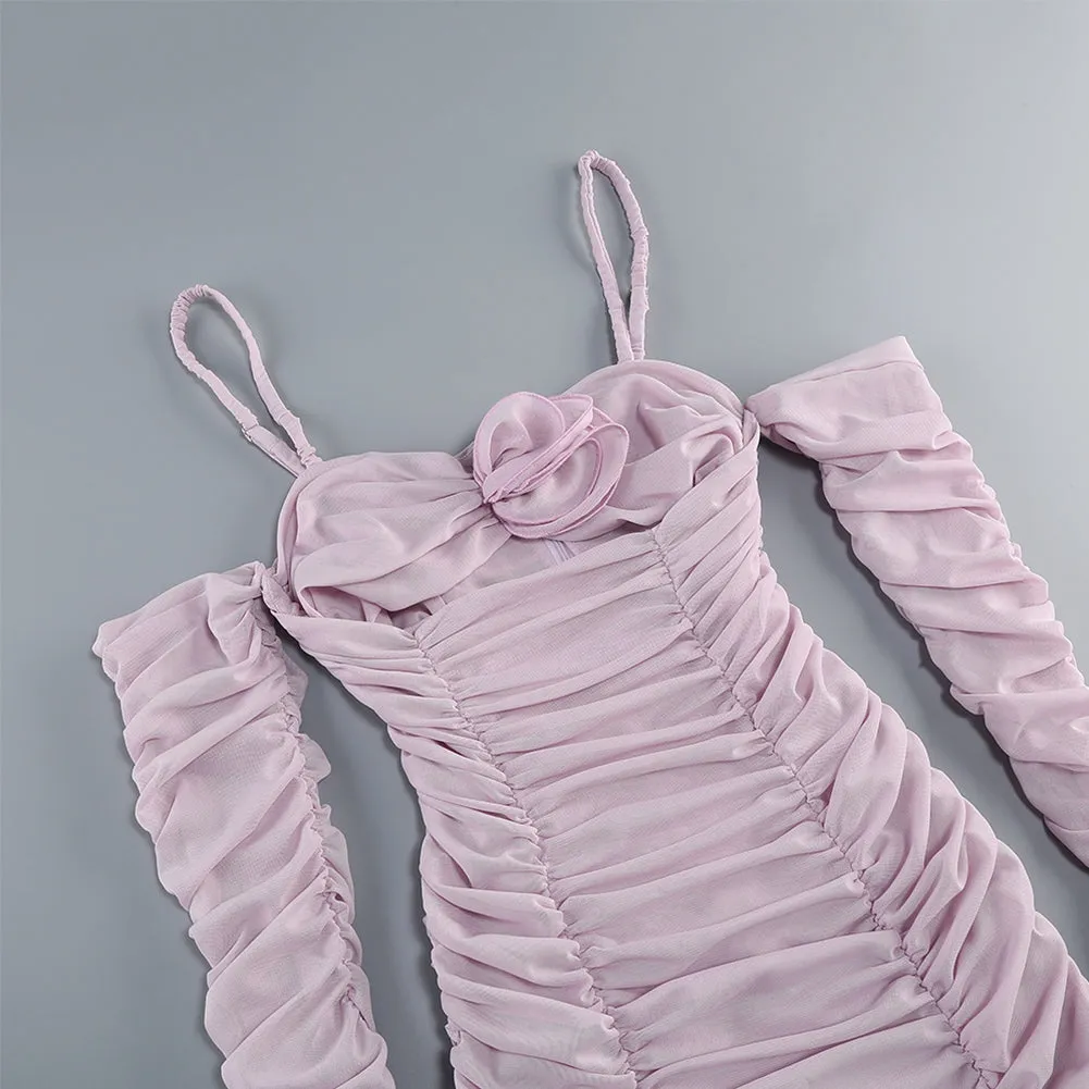 Strappy Long Sleeve Wrinkled Over Knee Dress KLYF1210