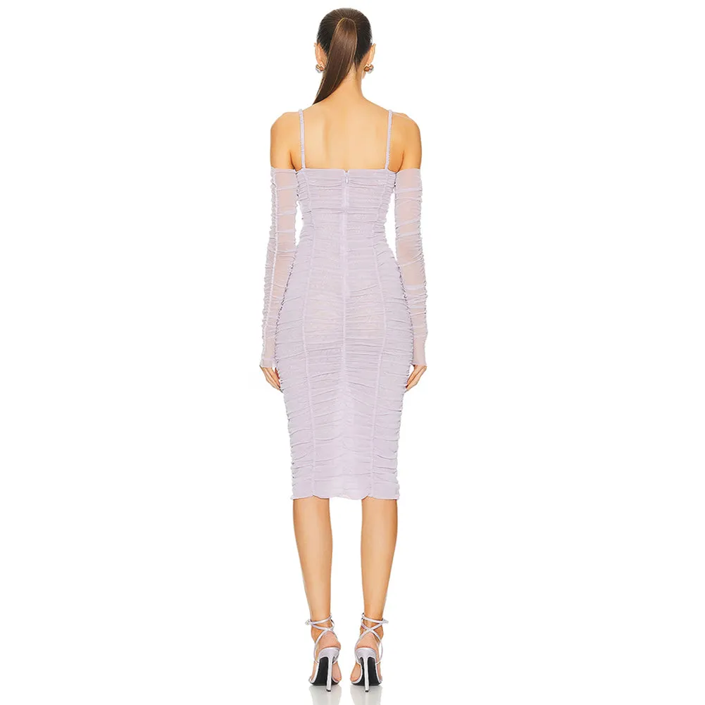Strappy Long Sleeve Wrinkled Over Knee Dress KLYF1210