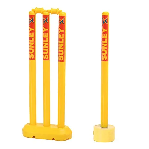 SUNLEY Plastic Cricket Kit (1 Piece Cricket Bat, 4 Piece Wickets, 2 Piece Base, 2 Piece Bails, 1 Piece Wind Ball, 1 Piece Kit Bag) (Size 3 for Age Group 8 Years) Yellow