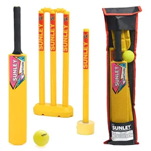 SUNLEY Plastic Cricket Kit (1 Piece Cricket Bat, 4 Piece Wickets, 2 Piece Base, 2 Piece Bails, 1 Piece Wind Ball, 1 Piece Kit Bag) (Size 3 for Age Group 8 Years) Yellow