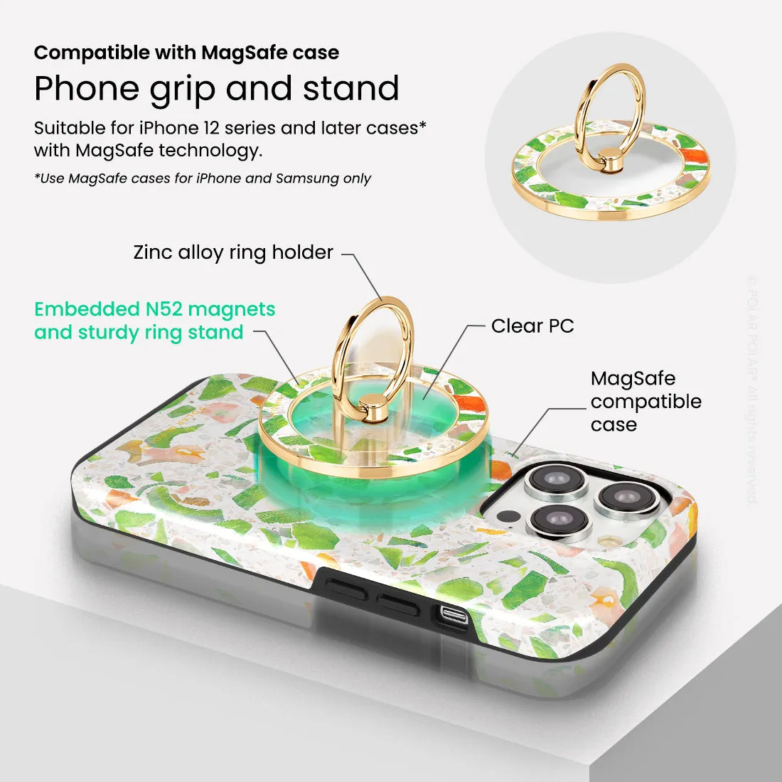 Terrazzo Green - Golden MagSafe Phone Grip and Ring Holder Stand