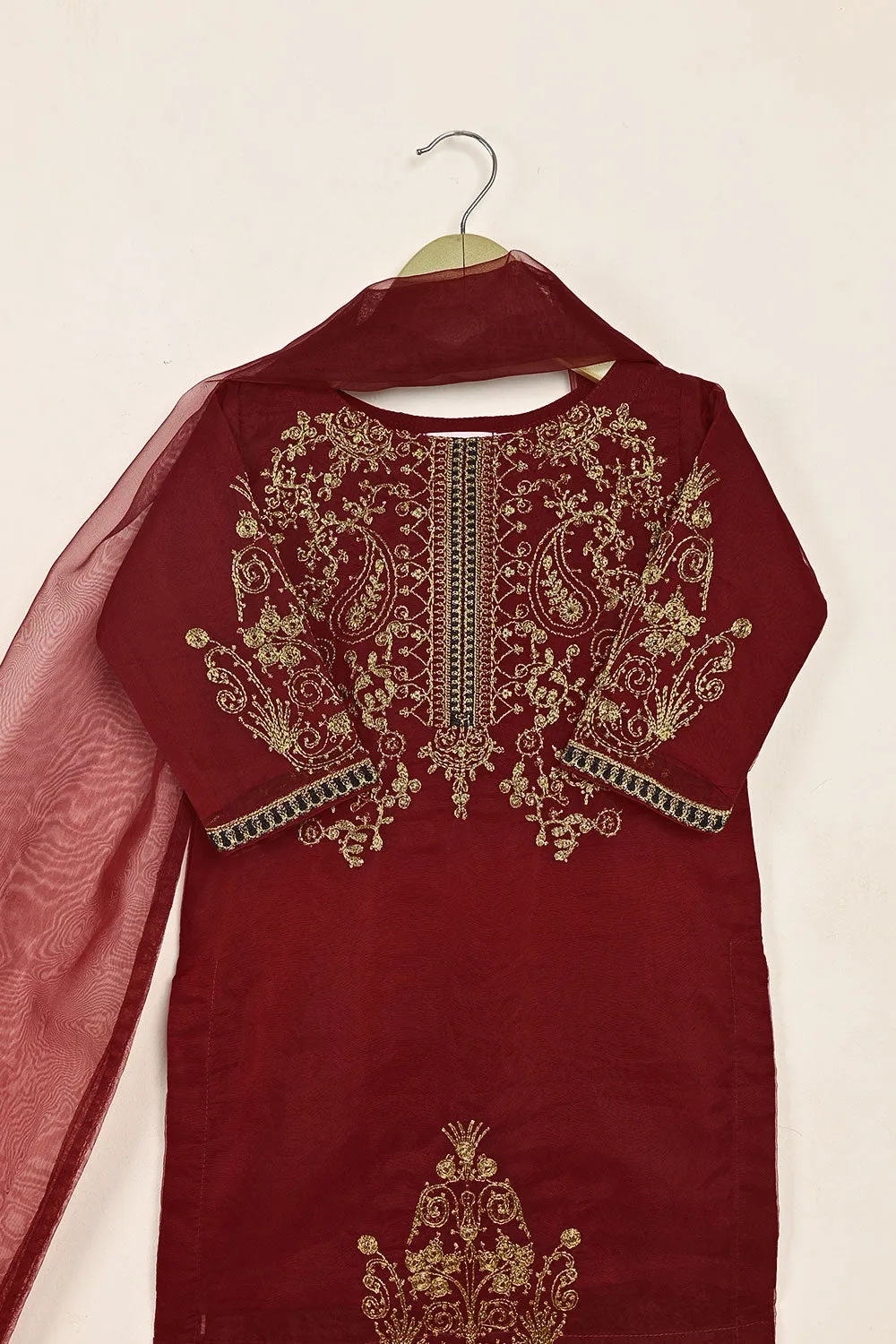 TKF-153-Maroon - Kids 3Pc Organza Embroidered Formal Dress
