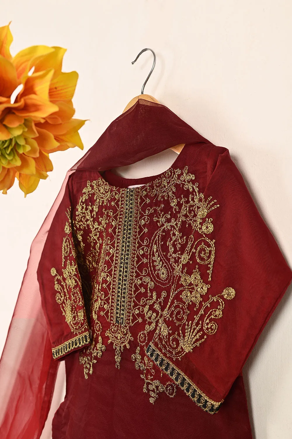 TKF-153-Maroon - Kids 3Pc Organza Embroidered Formal Dress