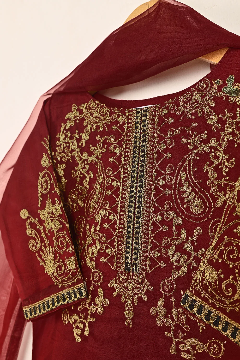 TKF-153-Maroon - Kids 3Pc Organza Embroidered Formal Dress
