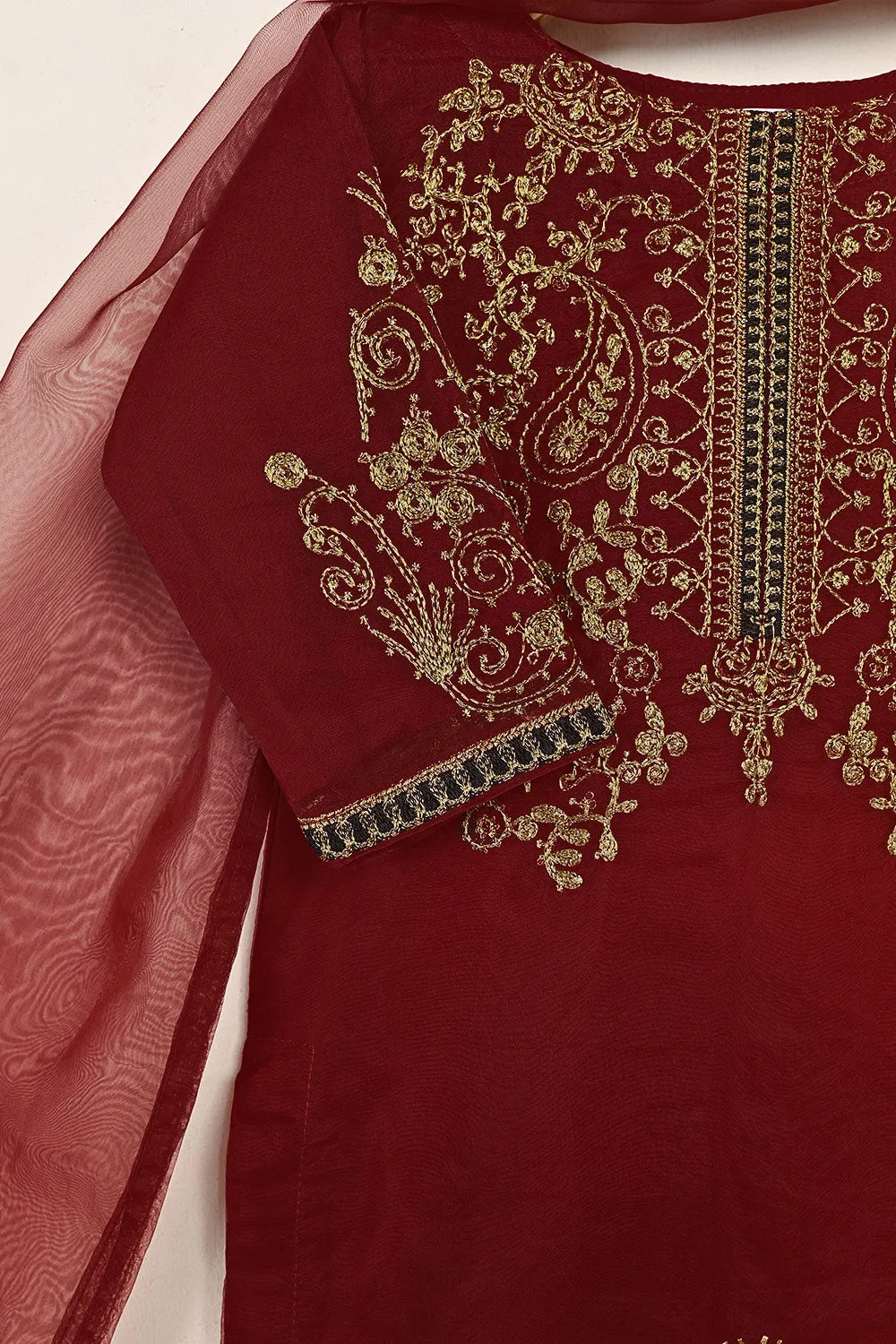 TKF-153-Maroon - Kids 3Pc Organza Embroidered Formal Dress