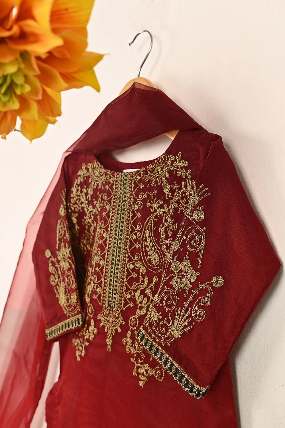 TKF-153-Maroon - Kids 3Pc Organza Embroidered Formal Dress