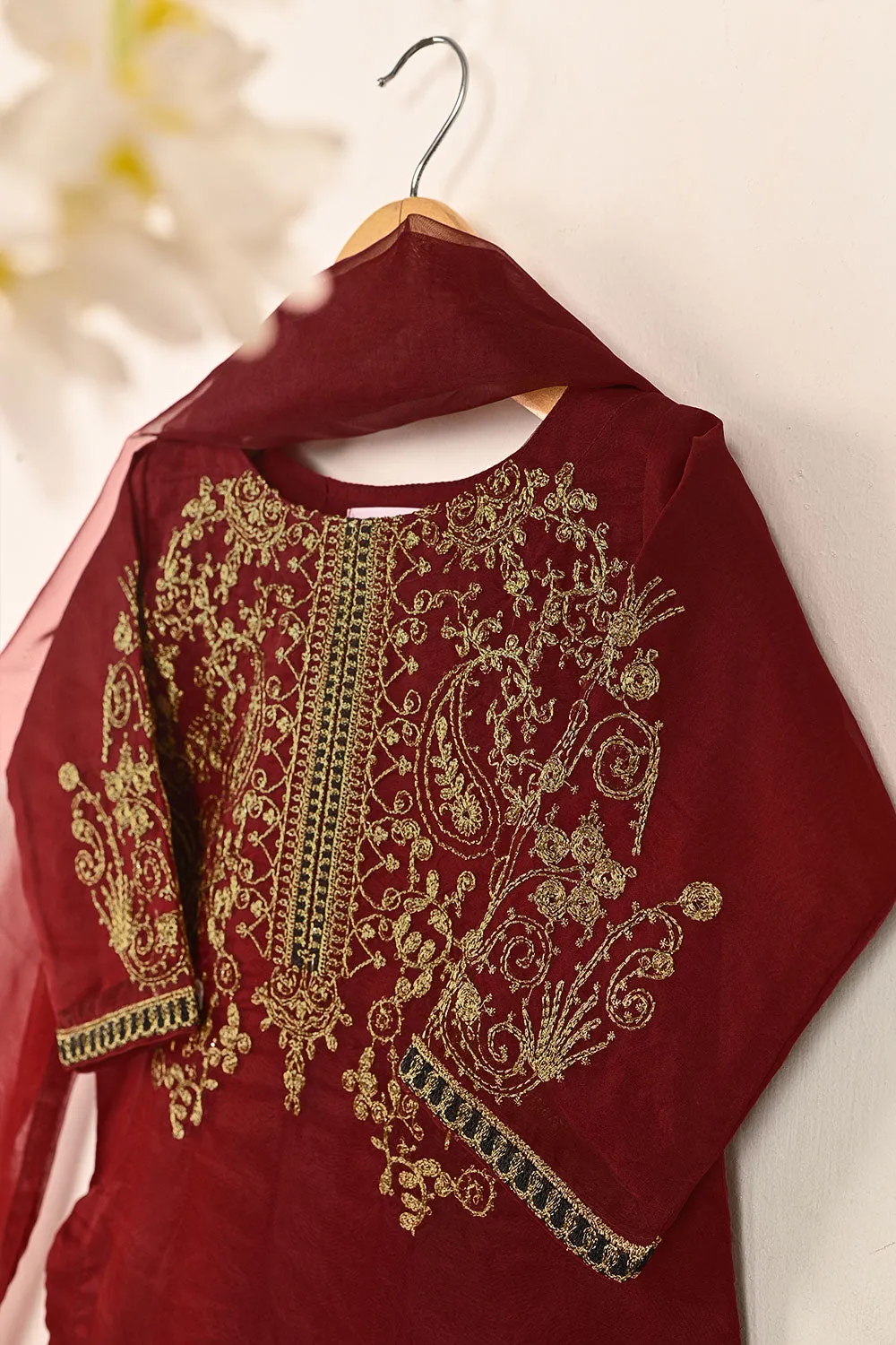 TKF-153-Maroon - Kids 3Pc Organza Embroidered Formal Dress