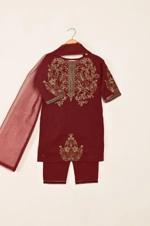 TKF-153-Maroon - Kids 3Pc Organza Embroidered Formal Dress