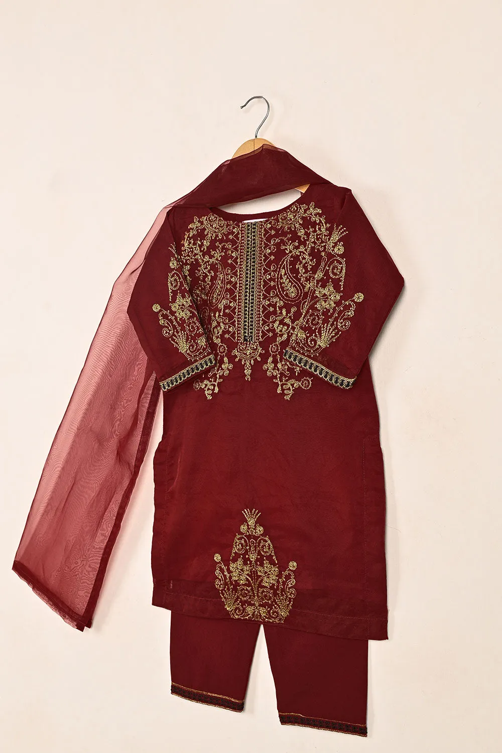 TKF-153-Maroon - Kids 3Pc Organza Embroidered Formal Dress
