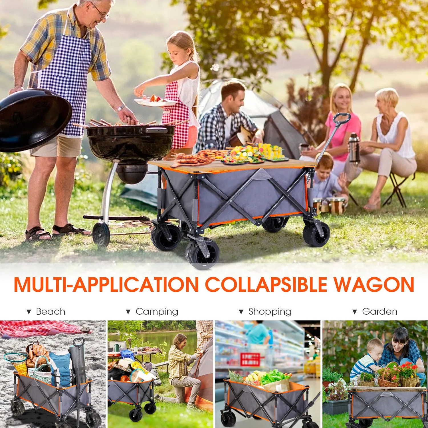 TRIPLETREE Heavy Folding Utility Wagon Cart With Universal Wheels & Adjustable Handle