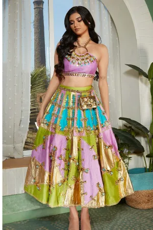 TWILIGHT- TRI-COLOURED PANEL EMBELLISHED HALF LEHENGA SET.