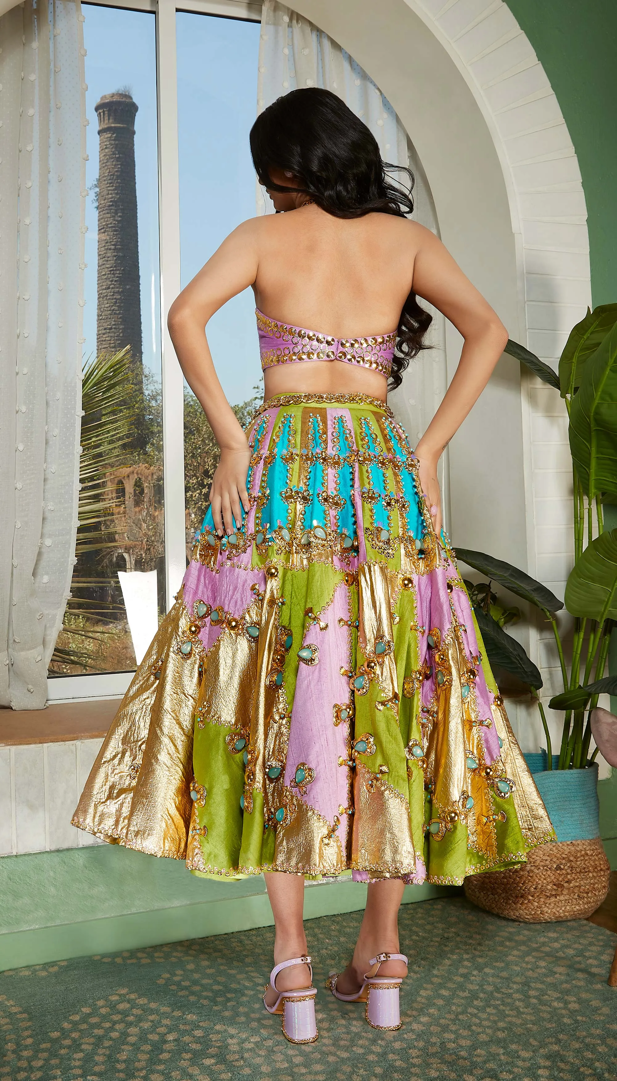 TWILIGHT- TRI-COLOURED PANEL EMBELLISHED HALF LEHENGA SET.