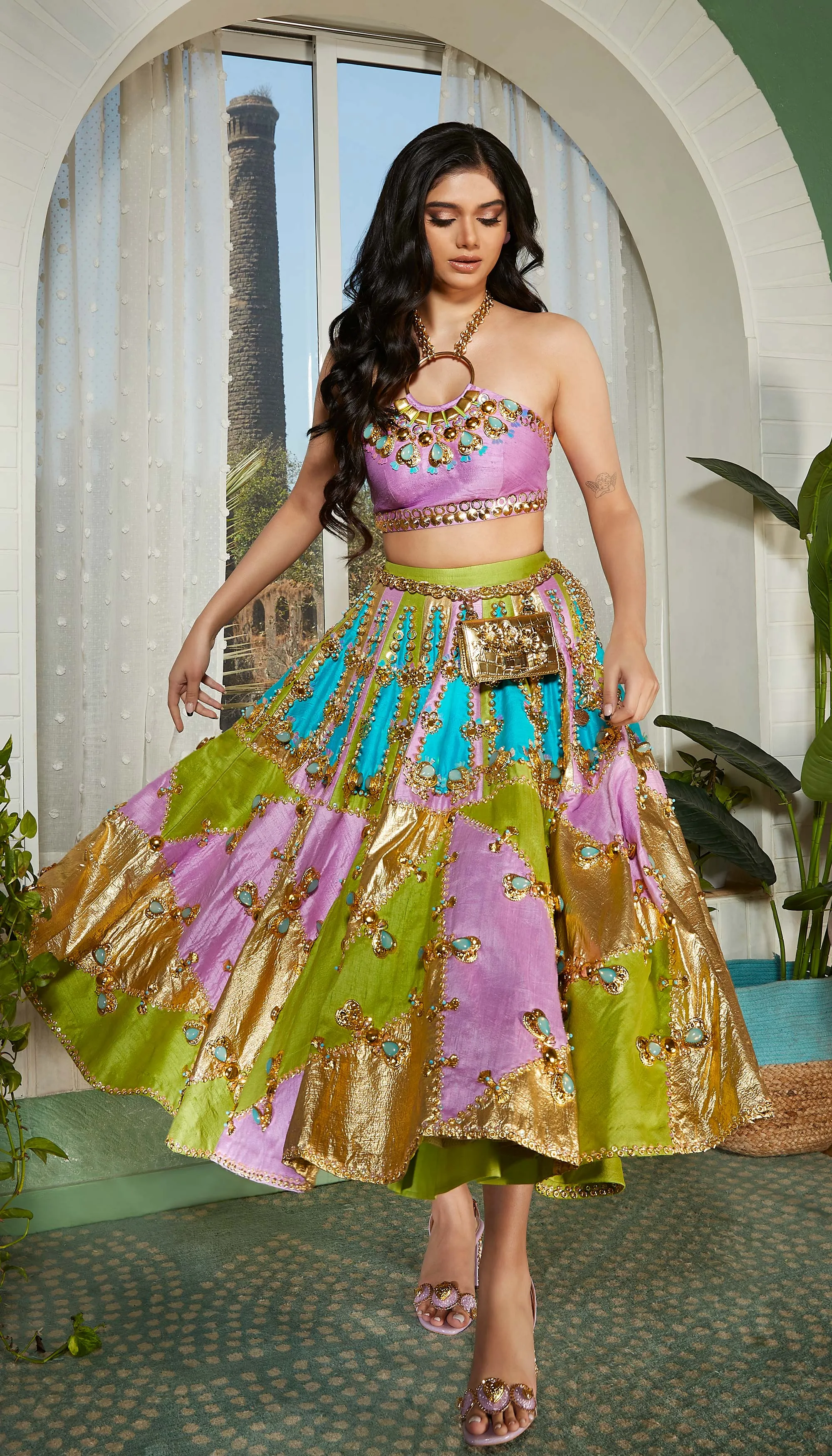 TWILIGHT- TRI-COLOURED PANEL EMBELLISHED HALF LEHENGA SET.