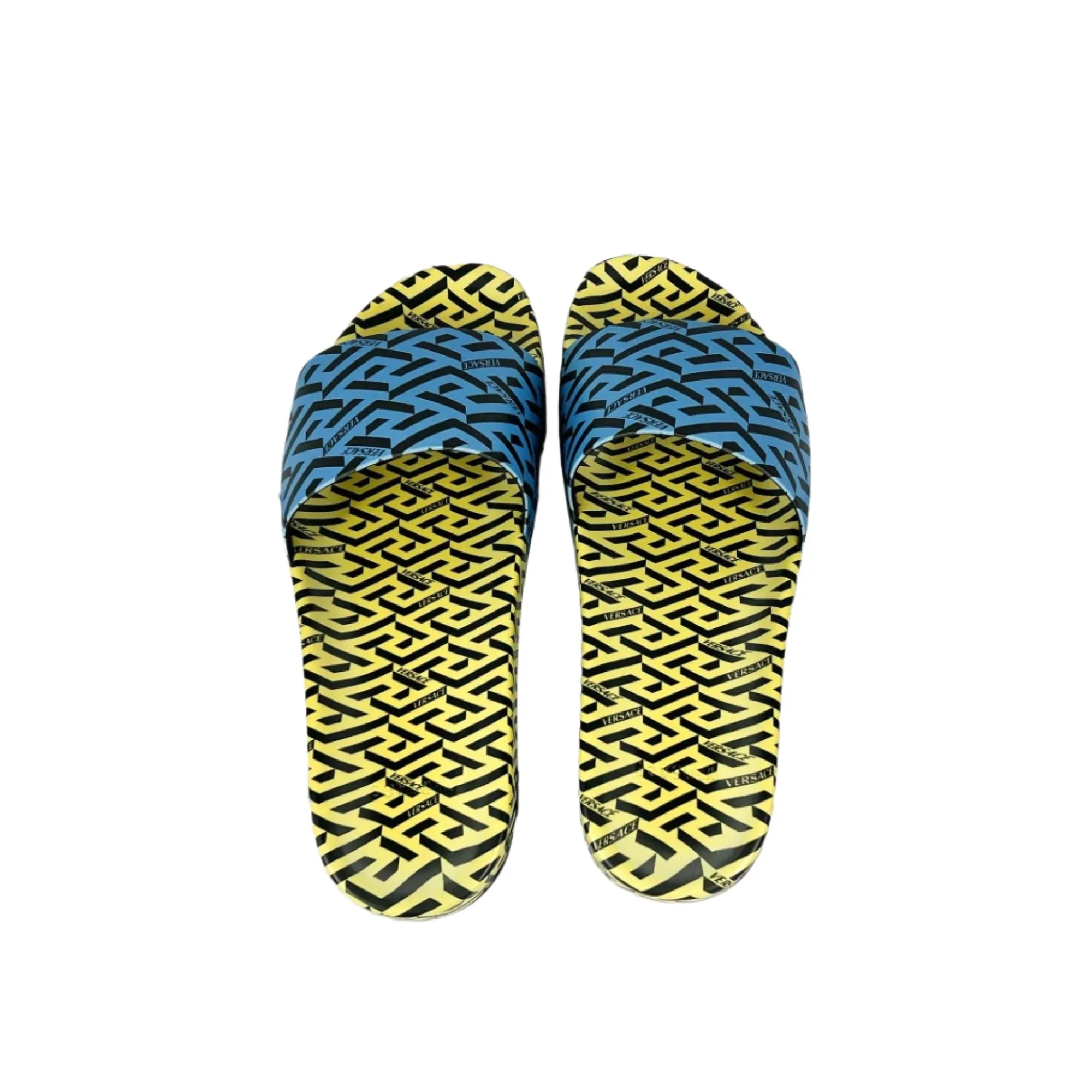 Versace Mens Blue/Yellow La Greca Rubber Slides