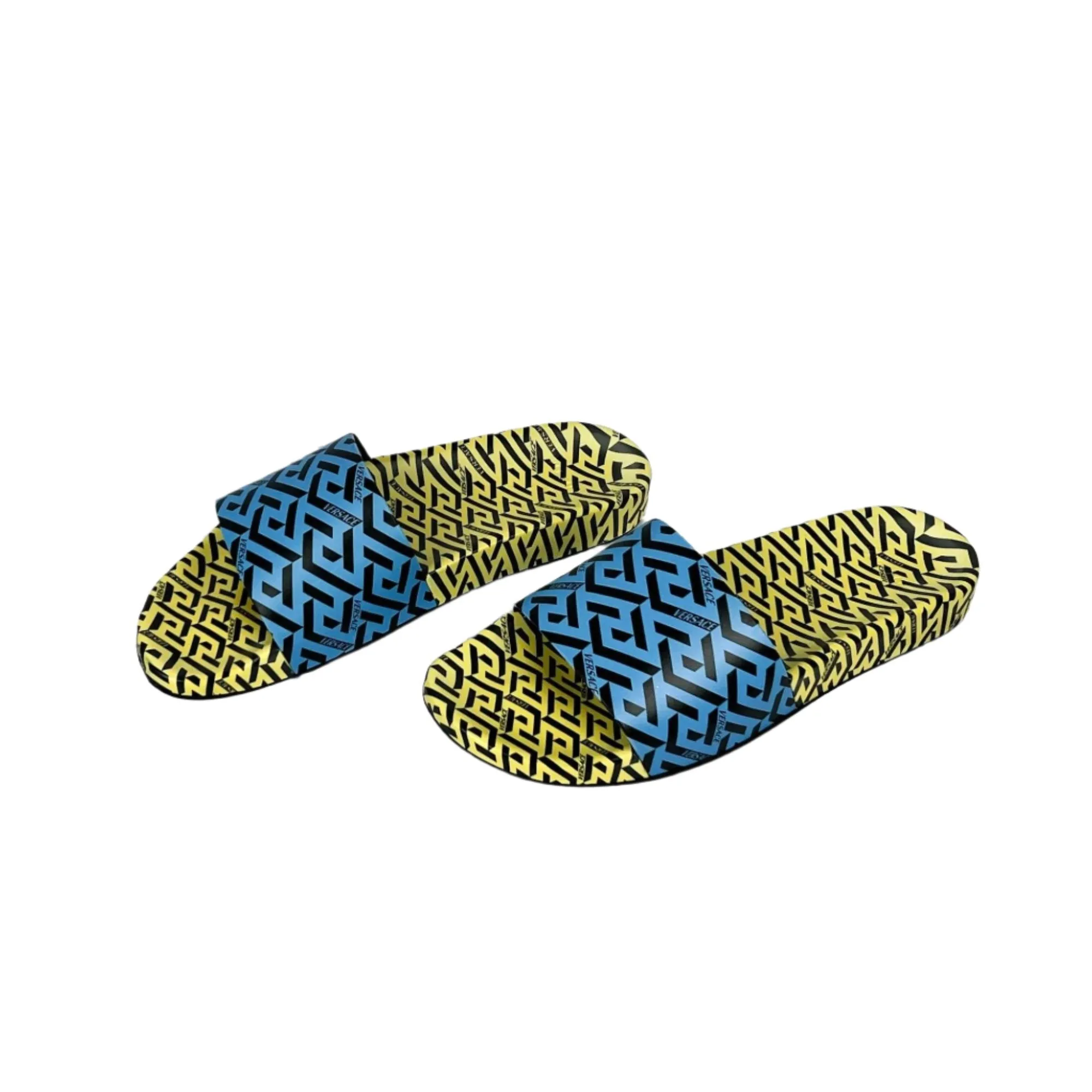 Versace Mens Blue/Yellow La Greca Rubber Slides