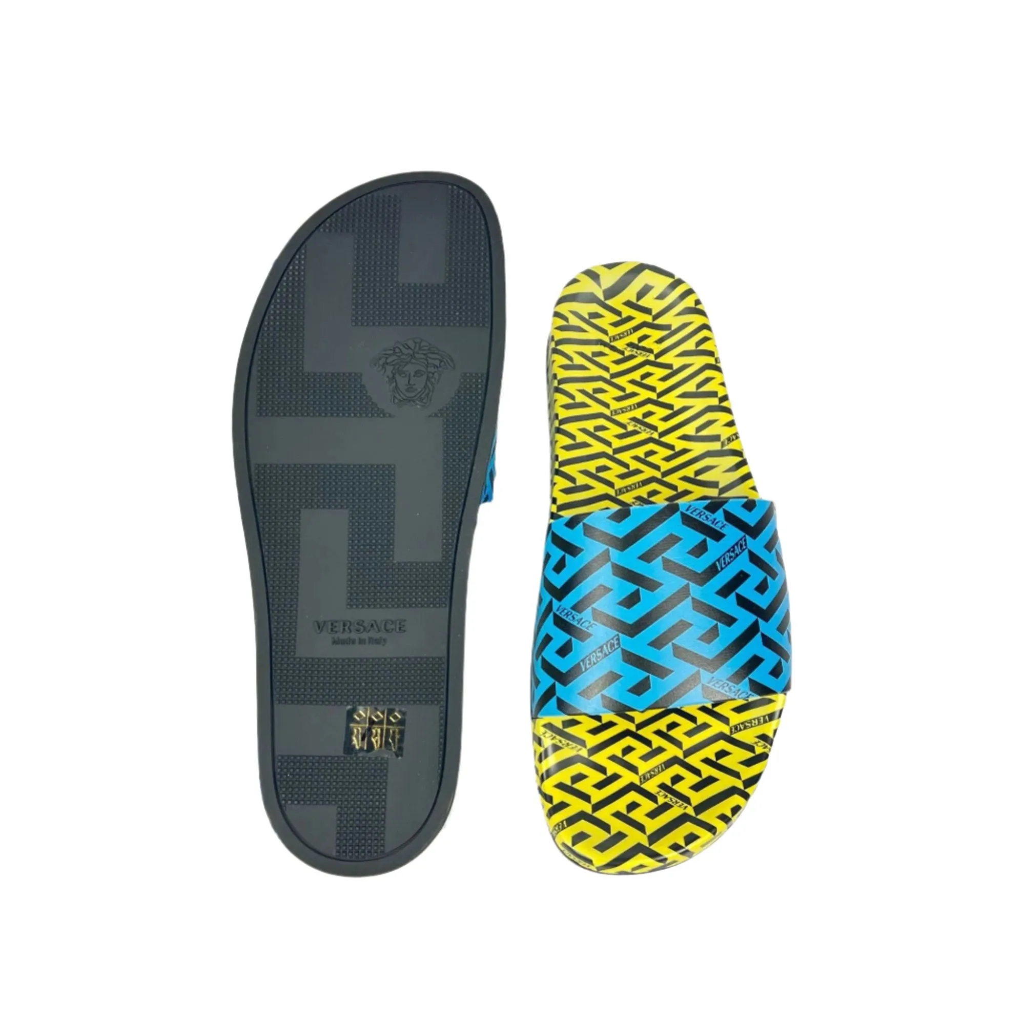Versace Mens Blue/Yellow La Greca Rubber Slides
