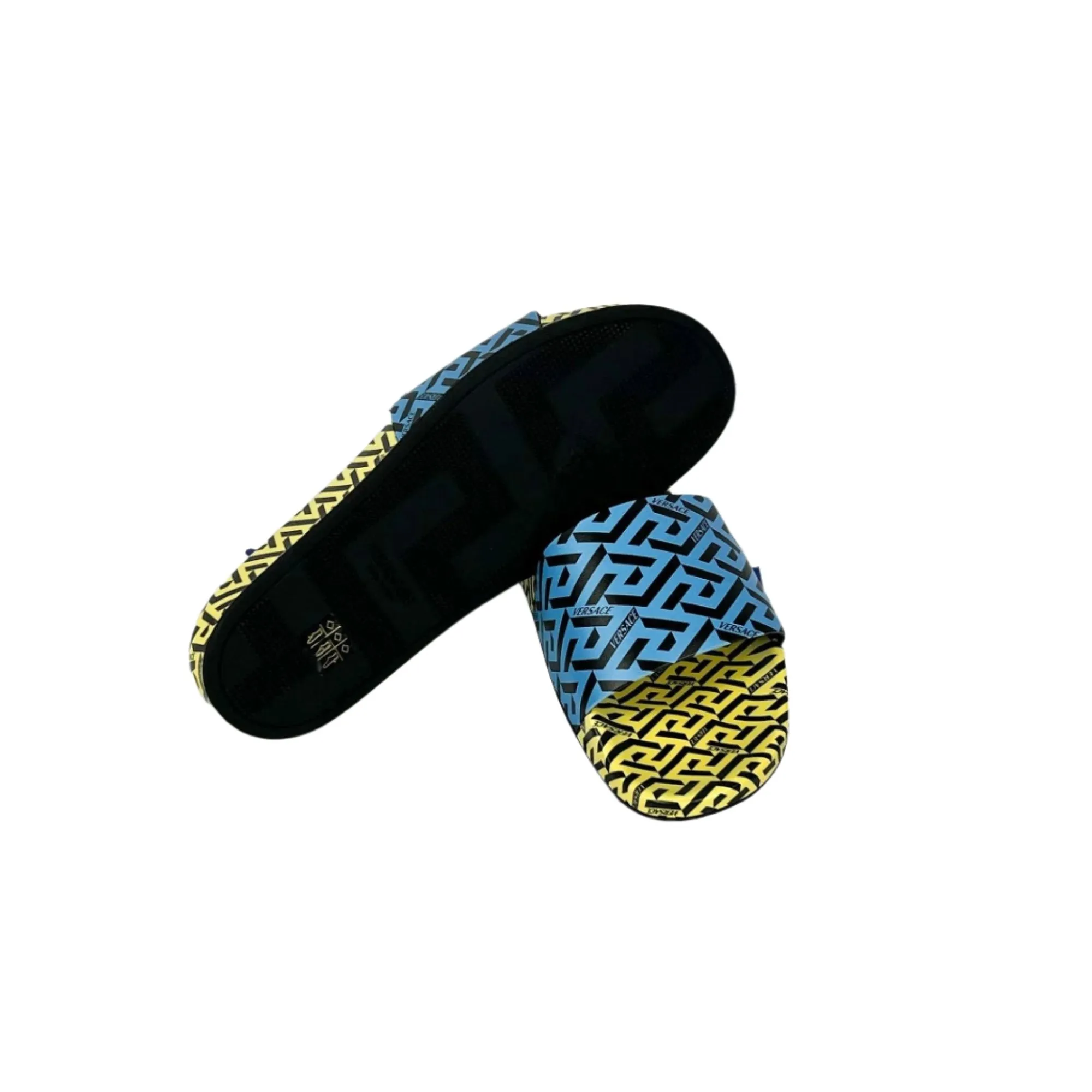 Versace Mens Blue/Yellow La Greca Rubber Slides