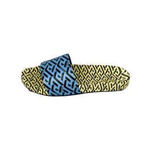 Versace Mens Blue/Yellow La Greca Rubber Slides
