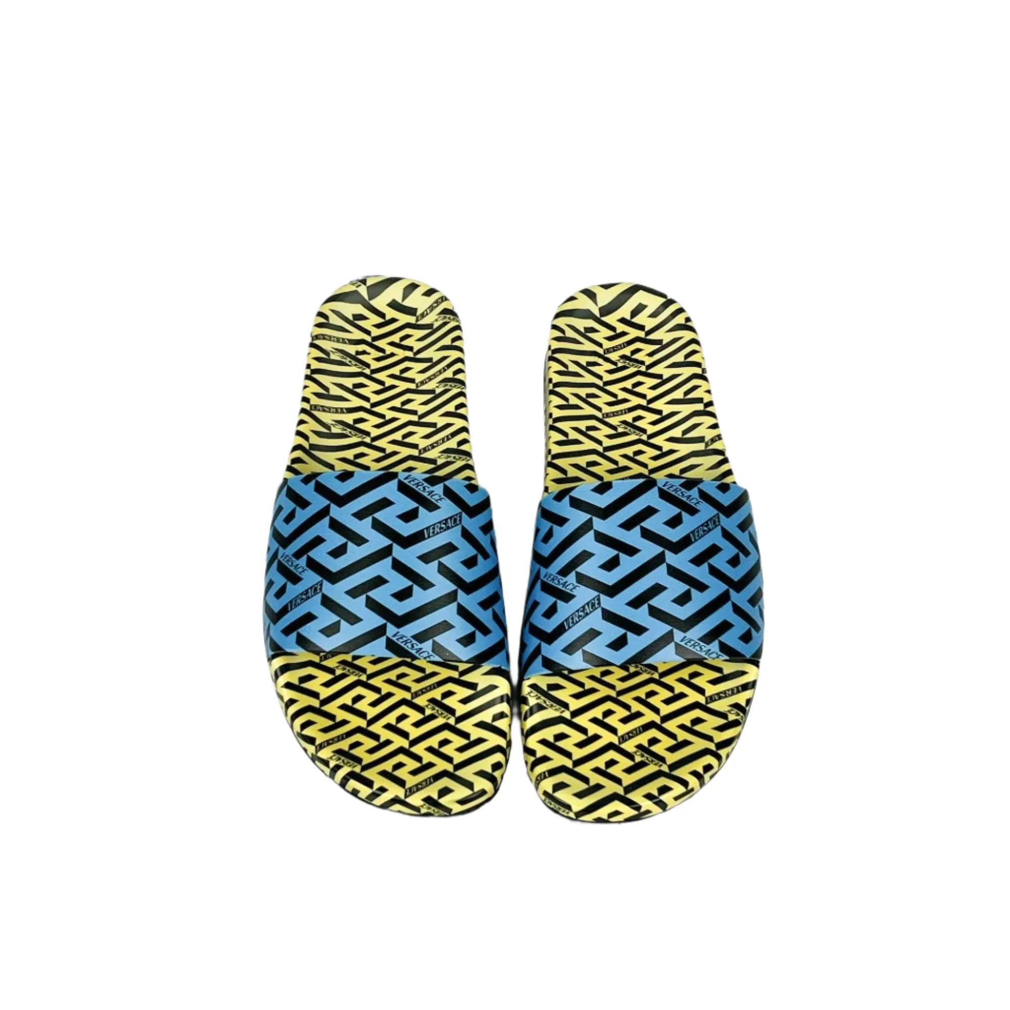 Versace Mens Blue/Yellow La Greca Rubber Slides