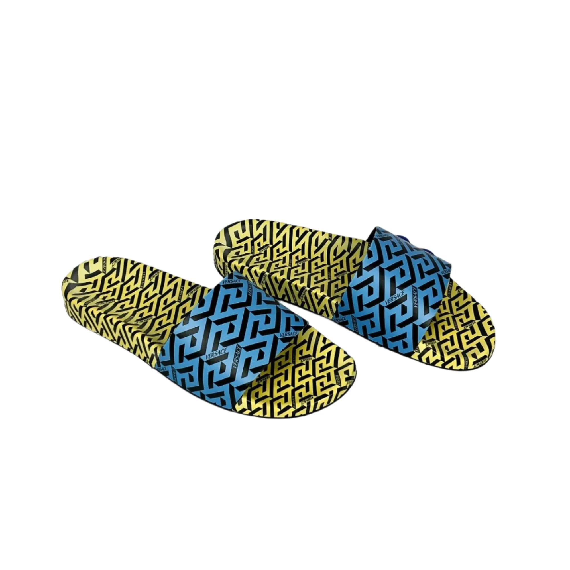 Versace Mens Blue/Yellow La Greca Rubber Slides