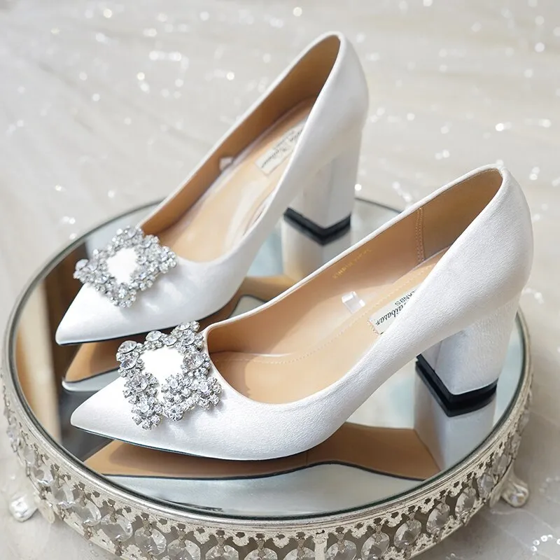 Wedding Shoes Women Pumps White Satin Princess Crystal