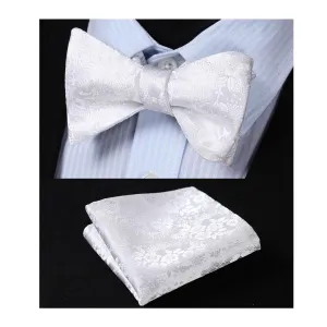 White Mens Silk Self tie Bow Tie with Pocket Squares Set
