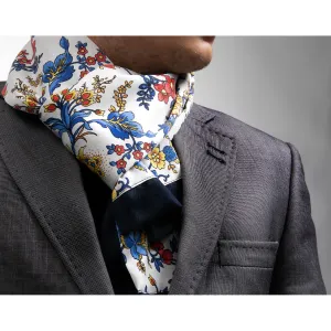 White Multi Color Floral Mens Silk Scarf - Designer neck scarf for winters