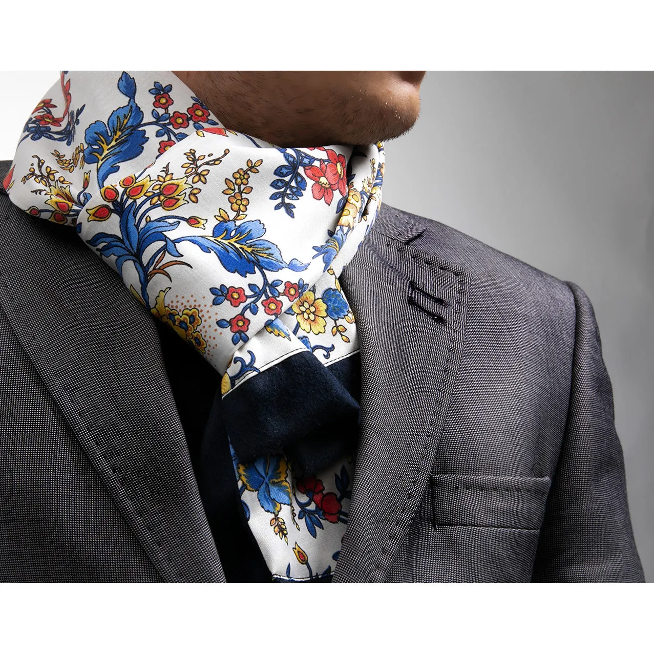 White Multi Color Floral Mens Silk Scarf - Designer neck scarf for winters