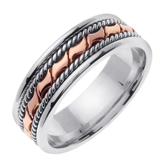 White/Rose or White/Yellow 18k gold Hand Braided Ring Band 6mm