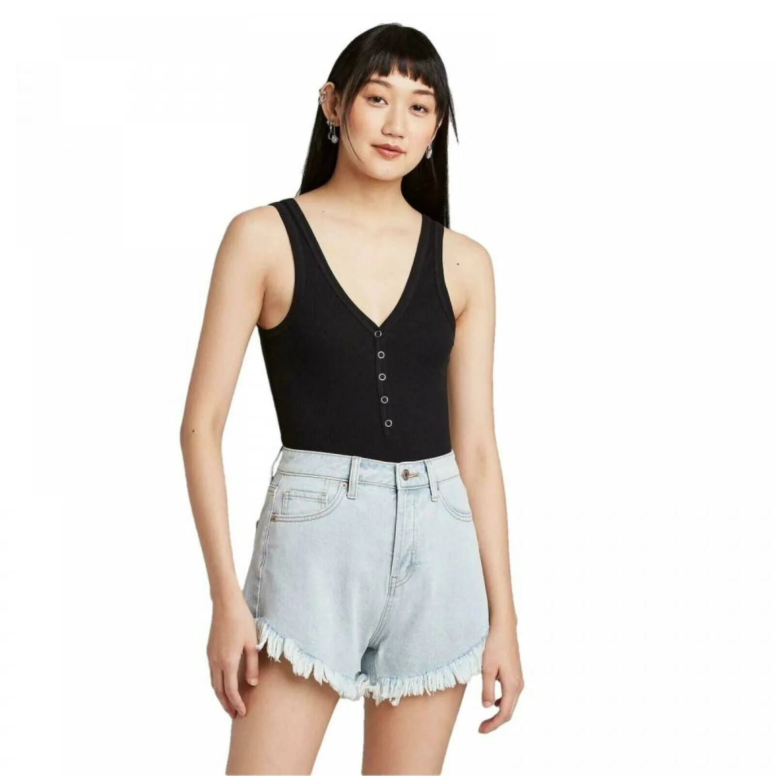 Wild Fable Women's Sleeveless V-Neck Snap Placket Ribbed Bodysuit