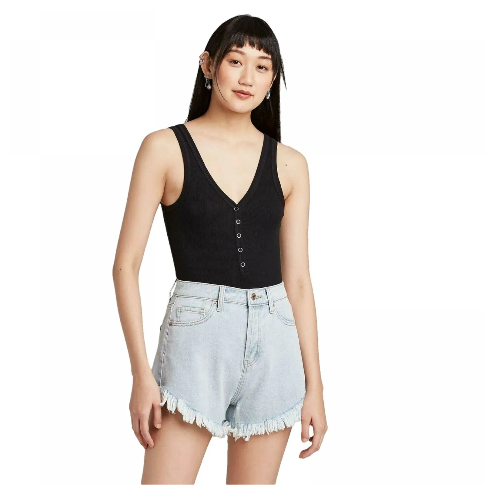 Wild Fable Women's Sleeveless V-Neck Snap Placket Ribbed Bodysuit