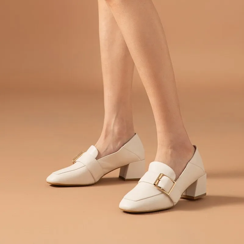 Women Cow Leather Thick Heel Office Lady Shoes