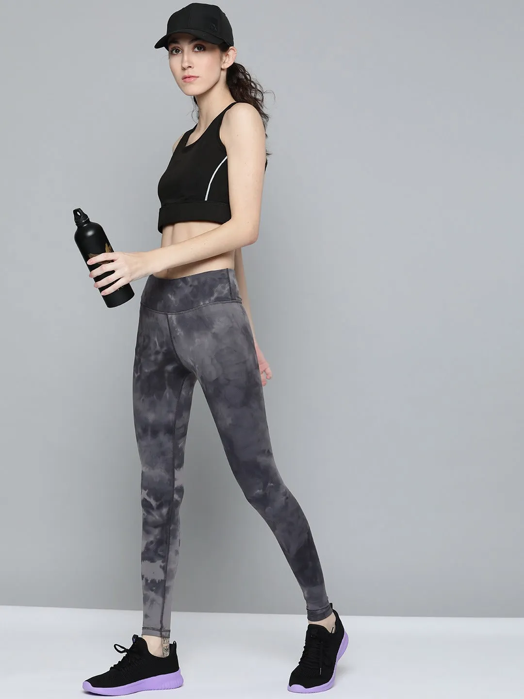 Women's Black & Grey Tie & Dye Quick-Dry Tights