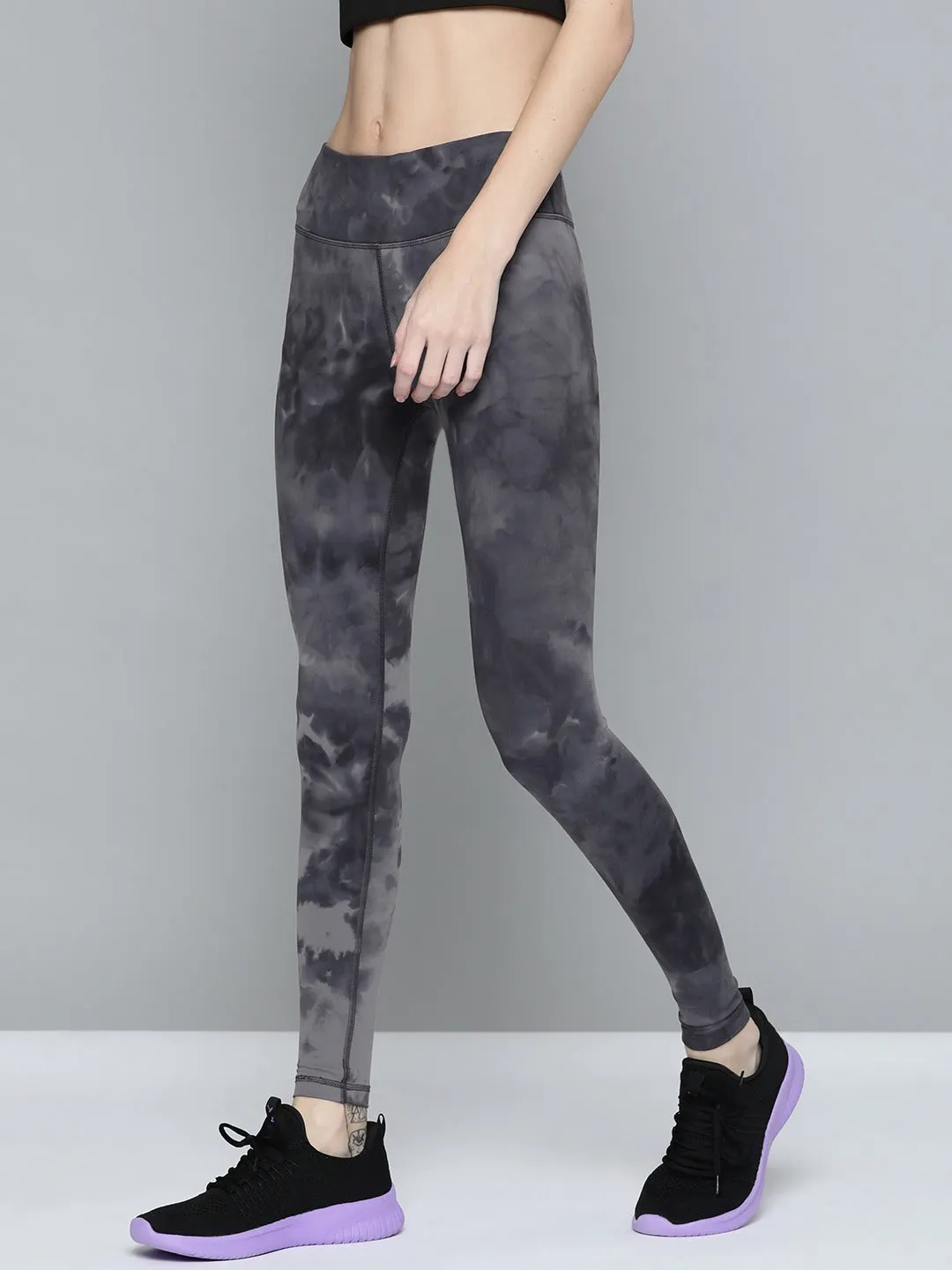 Women's Black & Grey Tie & Dye Quick-Dry Tights