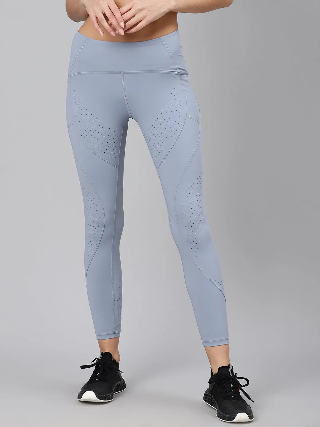 Women's Blue Laser Cut Quick Dry Cropped Training Tights