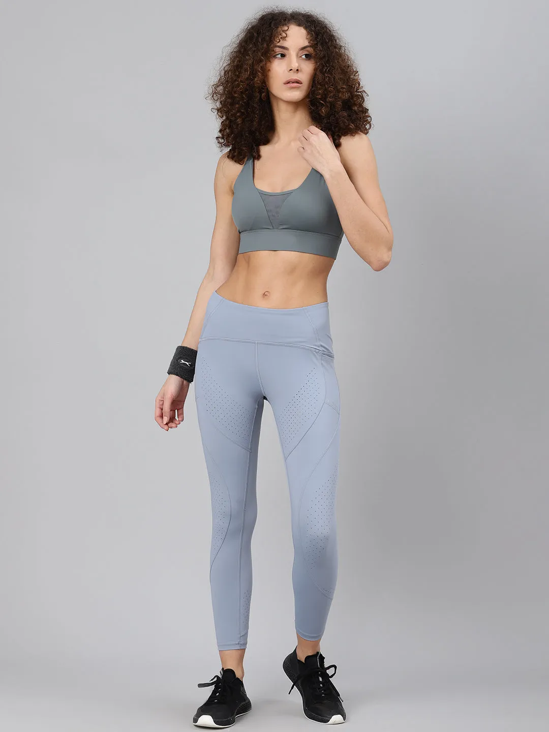 Women's Blue Laser Cut Quick Dry Cropped Training Tights