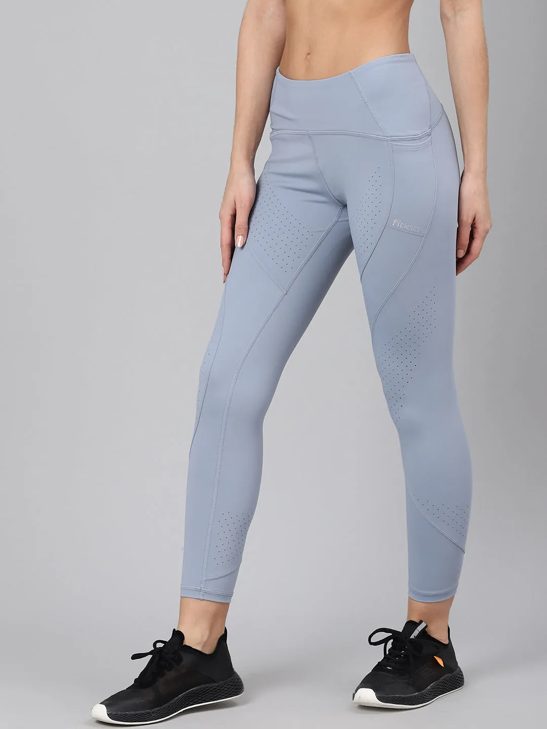 Women's Blue Laser Cut Quick Dry Cropped Training Tights