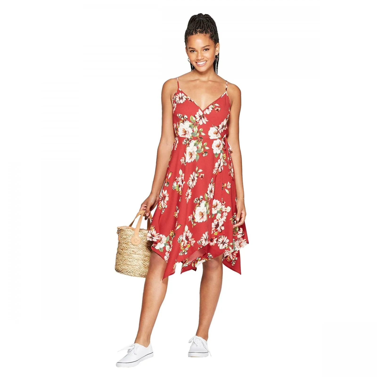 Xhilaration Women's Floral Sleeveless Deep V-Neck Handkerchief Hem Wrap Mini Dress