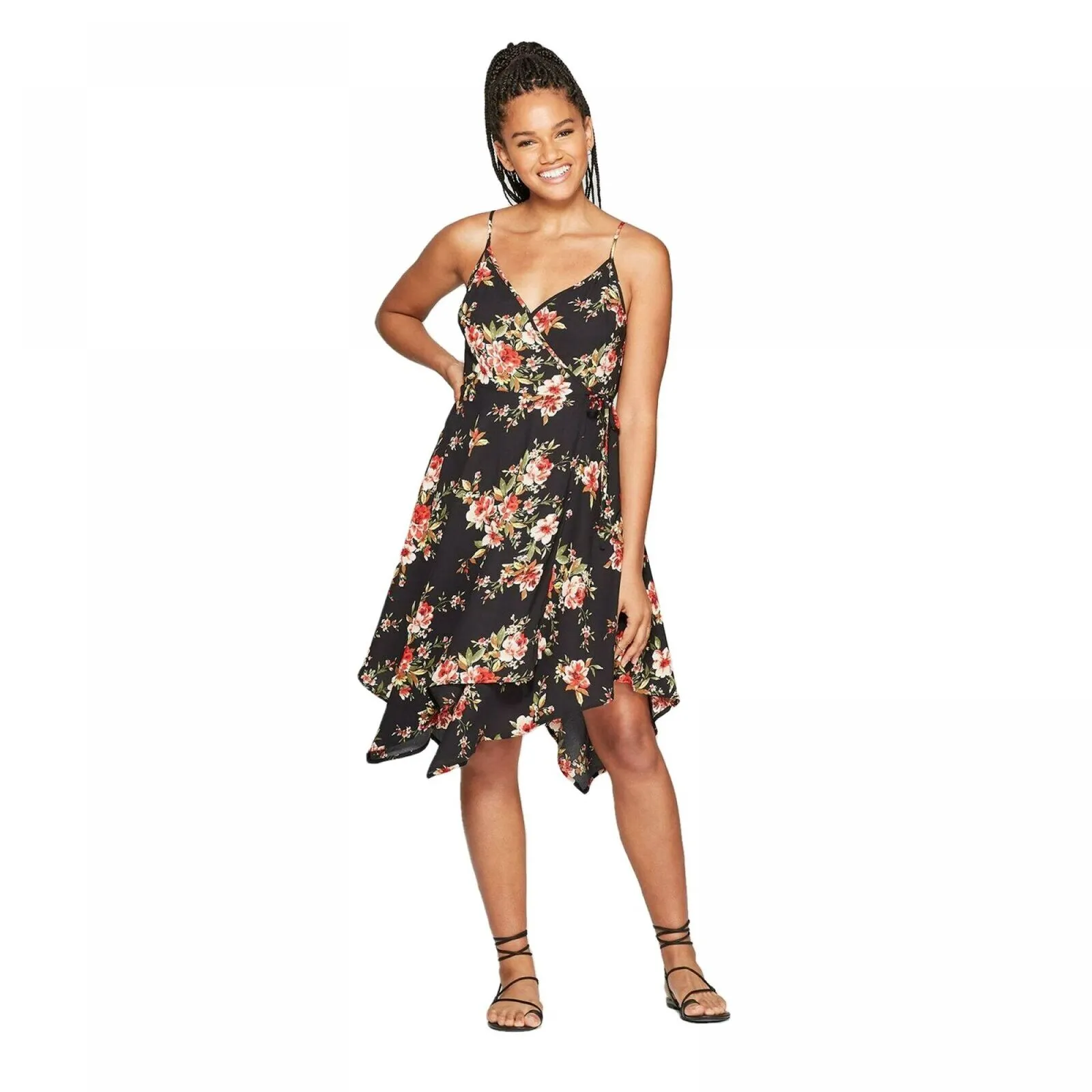 Xhilaration Women's Floral Sleeveless Deep V-Neck Handkerchief Hem Wrap Mini Dress