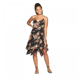 Xhilaration Women's Floral Sleeveless Deep V-Neck Handkerchief Hem Wrap Mini Dress