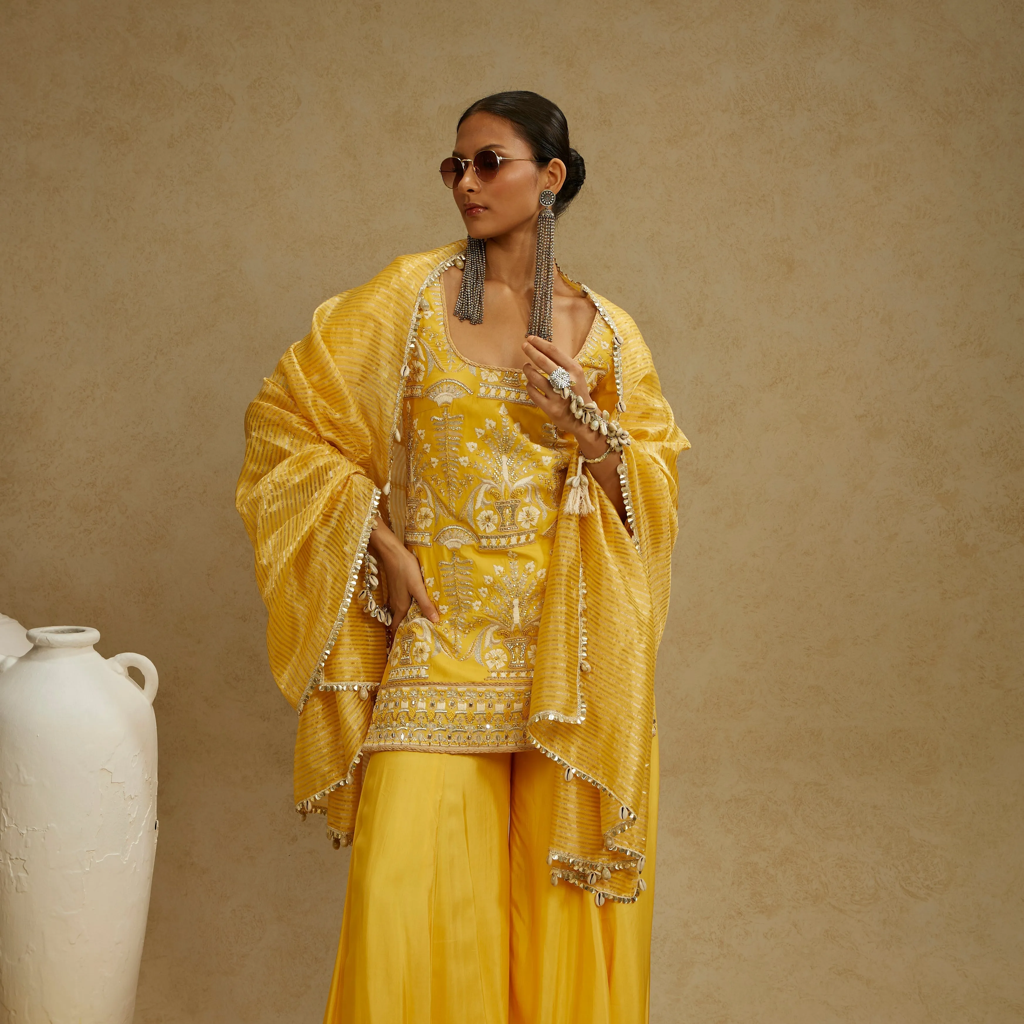 YELLOW EMBELLISHED KURTA PAIRED WITH SHARARA AND STRIPE DUPATTA