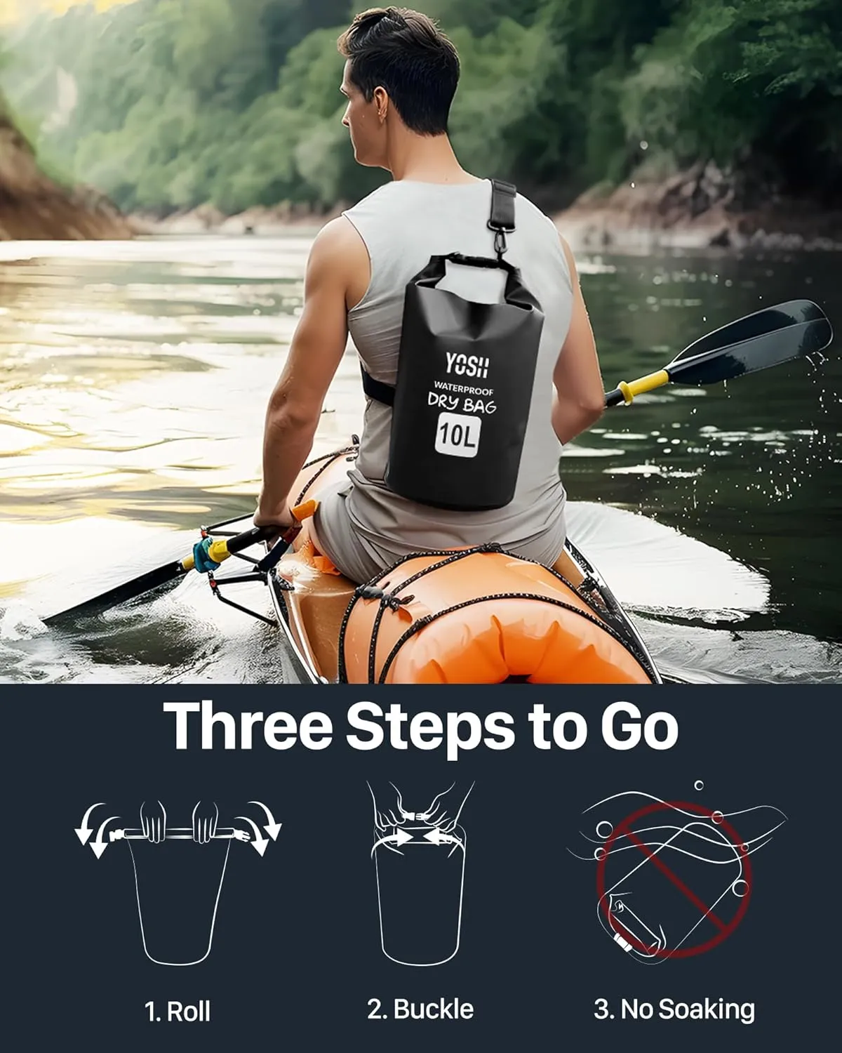 YOSH Waterproof Dry Bag, IPX6 Roll Top Waterproof Swimming Bag with Adjustable Shoulder Strap, 10L Large Capability for Beach, Pool, Camping, Kayaking, Fishing, Hiking, Boating Black