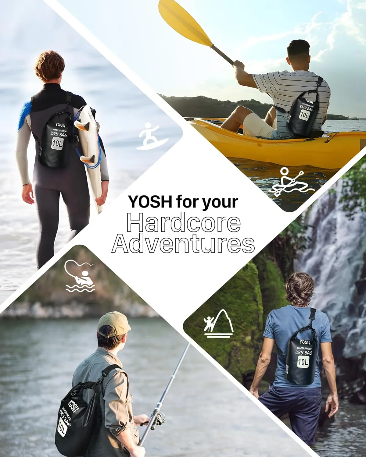 YOSH Waterproof Dry Bag, IPX6 Roll Top Waterproof Swimming Bag with Adjustable Shoulder Strap, 10L Large Capability for Beach, Pool, Camping, Kayaking, Fishing, Hiking, Boating Black