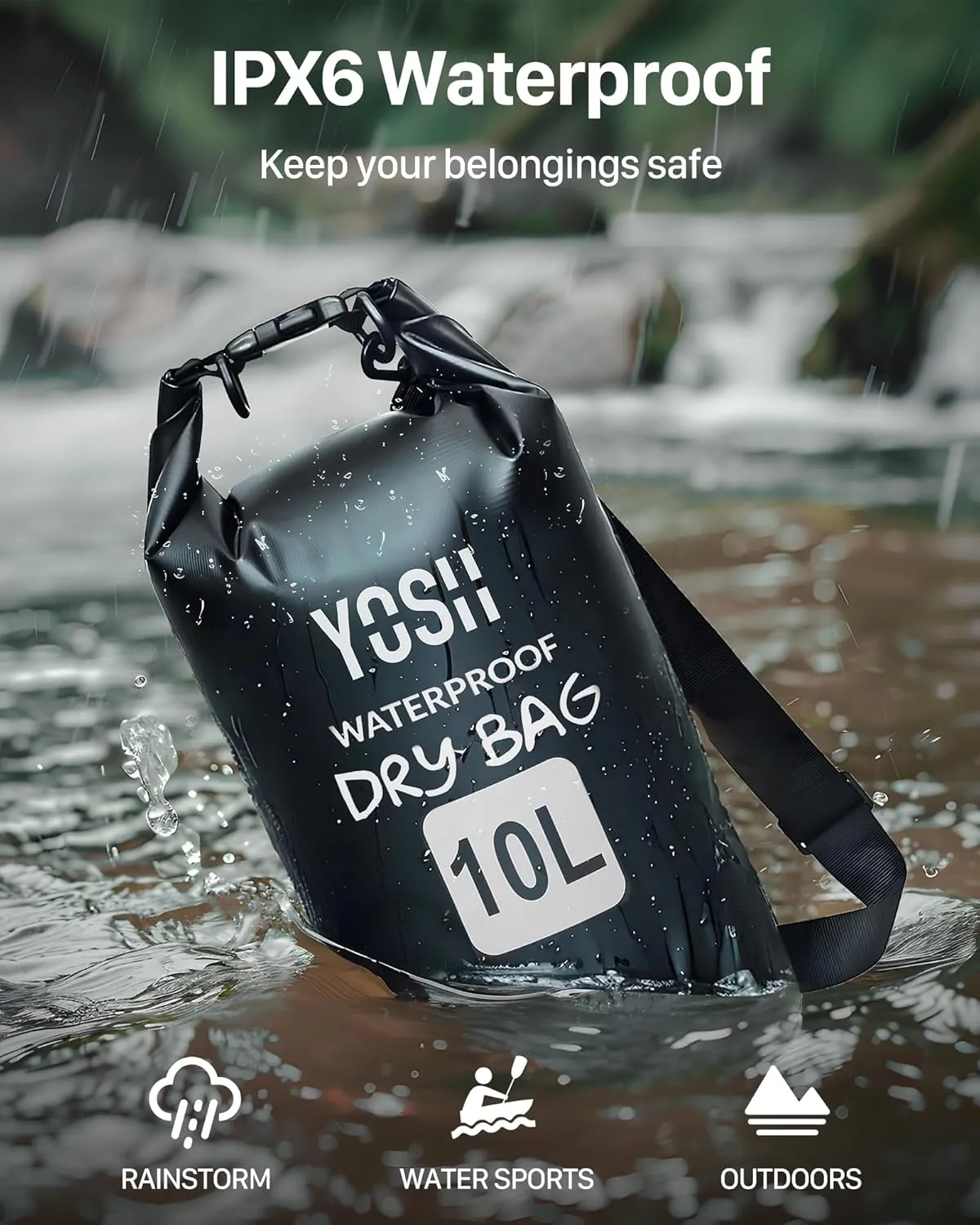 YOSH Waterproof Dry Bag, IPX6 Roll Top Waterproof Swimming Bag with Adjustable Shoulder Strap, 10L Large Capability for Beach, Pool, Camping, Kayaking, Fishing, Hiking, Boating Black