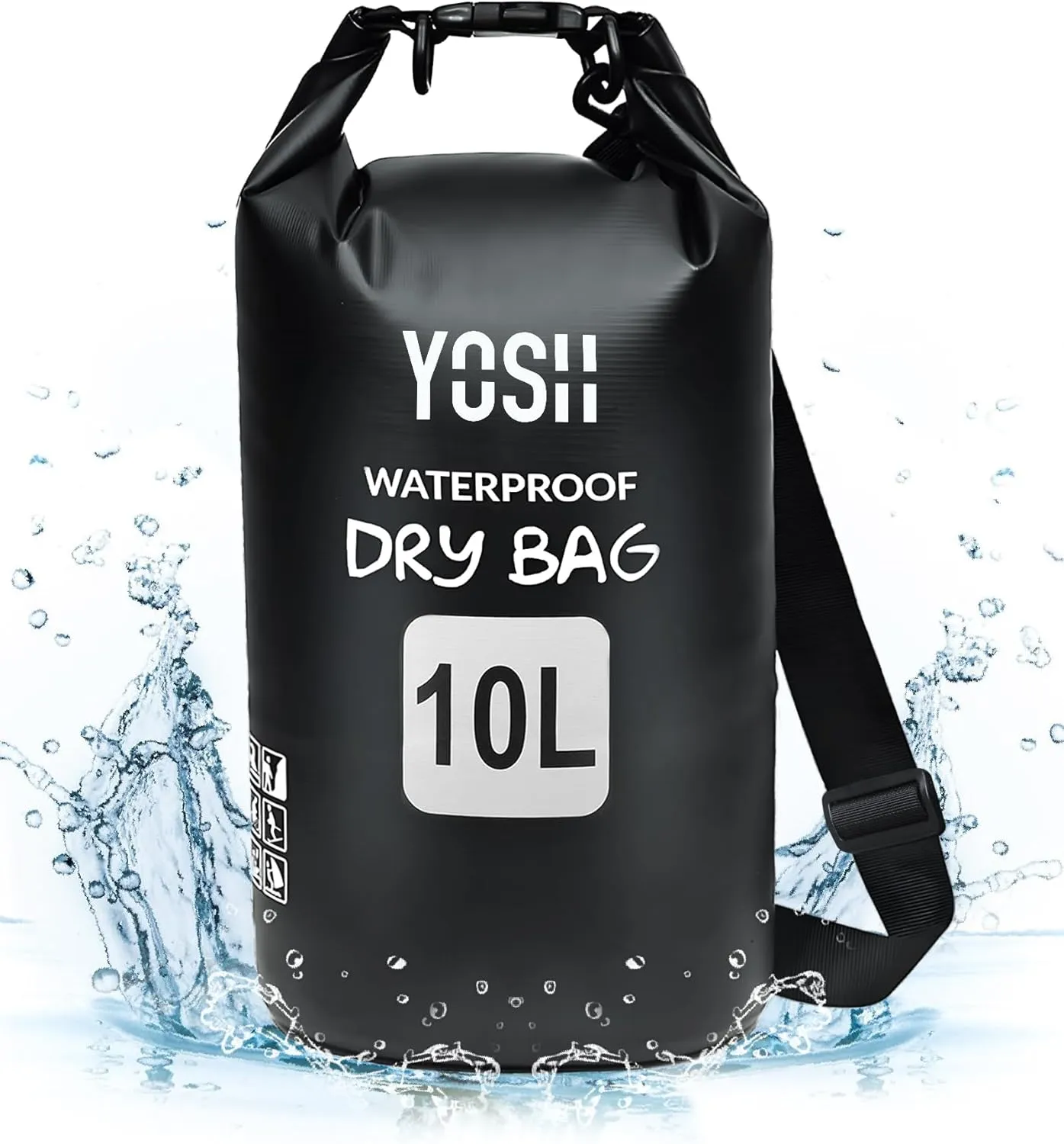YOSH Waterproof Dry Bag, IPX6 Roll Top Waterproof Swimming Bag with Adjustable Shoulder Strap, 10L Large Capability for Beach, Pool, Camping, Kayaking, Fishing, Hiking, Boating Black